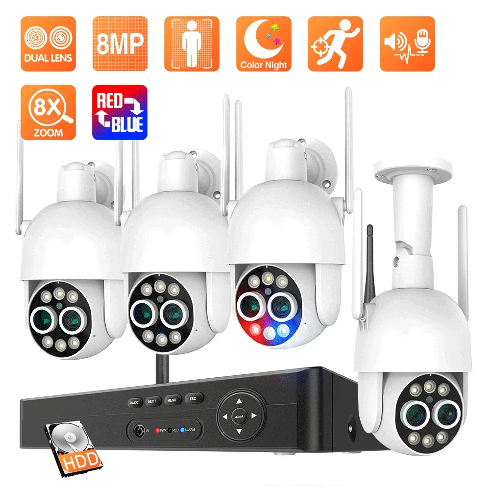 Techage-sistema de cámara de vigilancia inalámbrica, Kit de cámara de vigilancia 4K, 8mp, Wifi, PTZ, lente Dual, 8 canales, Nvr, Audio