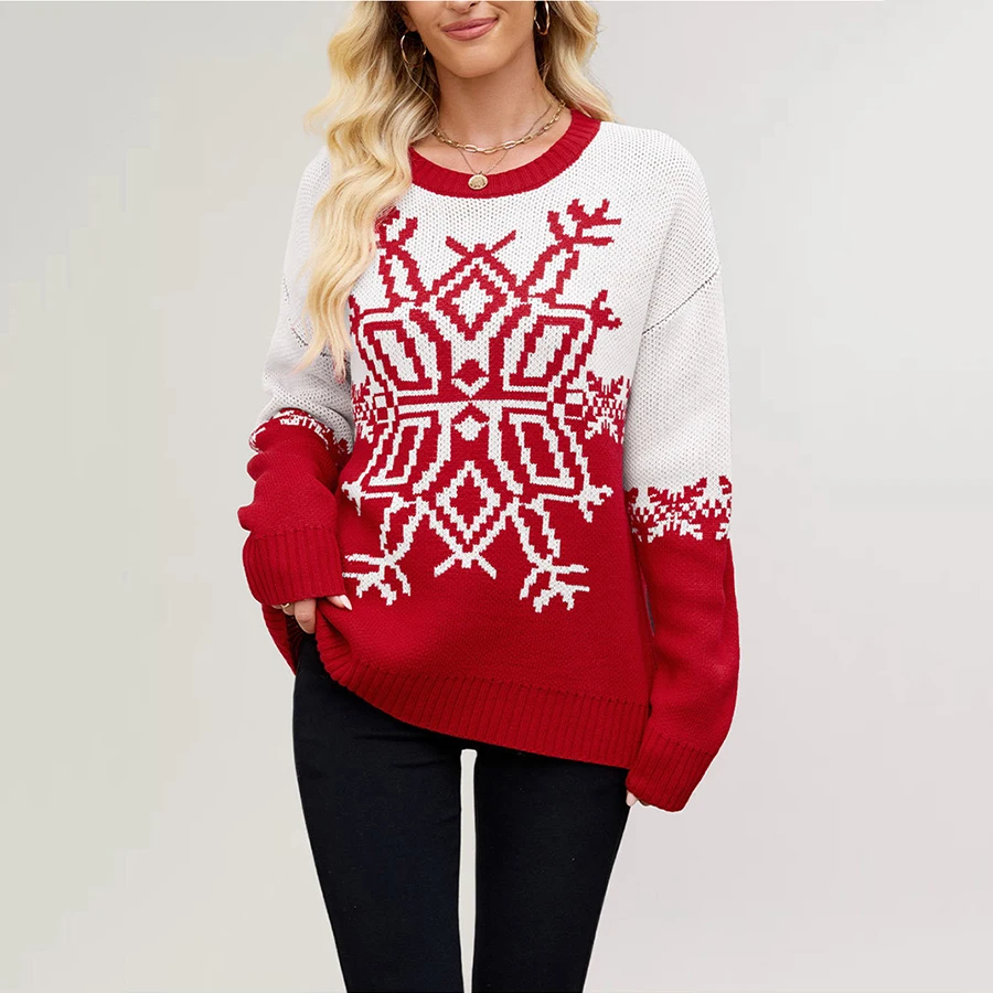 Fashion Women's Patchwork Pullover Sweater Christmas Day Full Sleeve Round Neck Knitted Jumpers Female Casual Snowflake Sweater