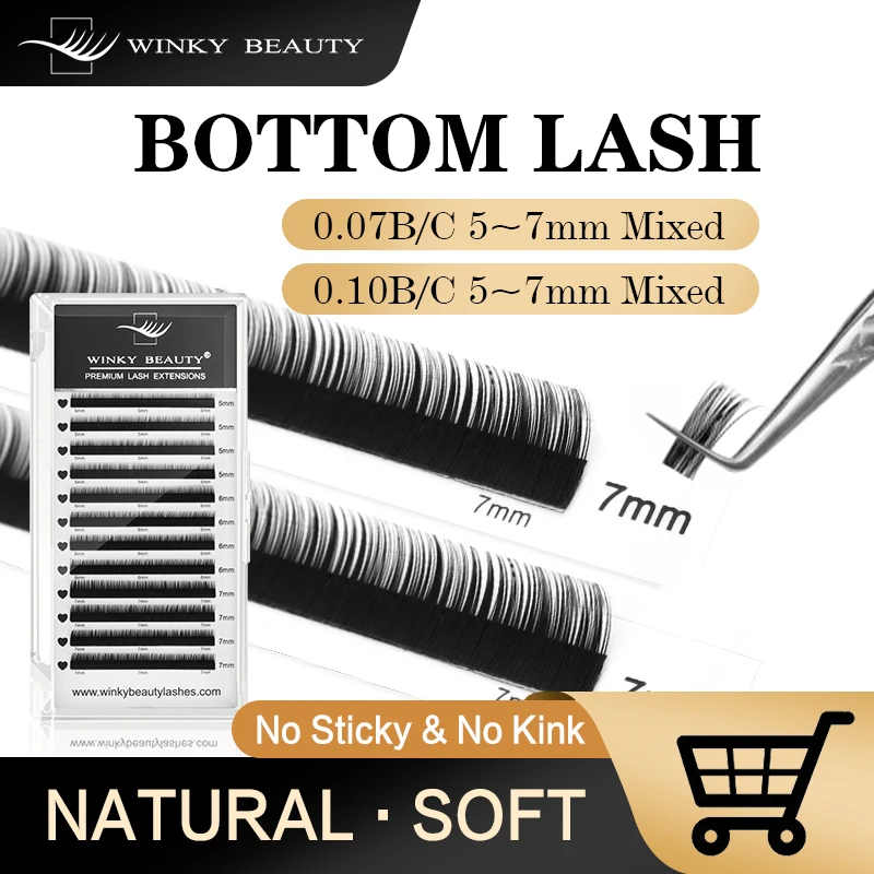 winky beauty Bottom Eyelash Extension Individual Natural Soft B/C Curl 5-7 Mix Short Mink 0.07/0.10 Lashes for Makeup