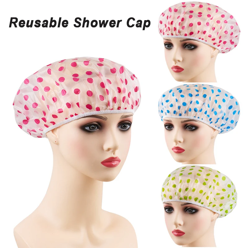 3PCS Women Shower Cap Fashion Wave Point Shower Hat Waterproof Elastic Reusable Bath Hat Hair Salon Spa Bathroom Supplies