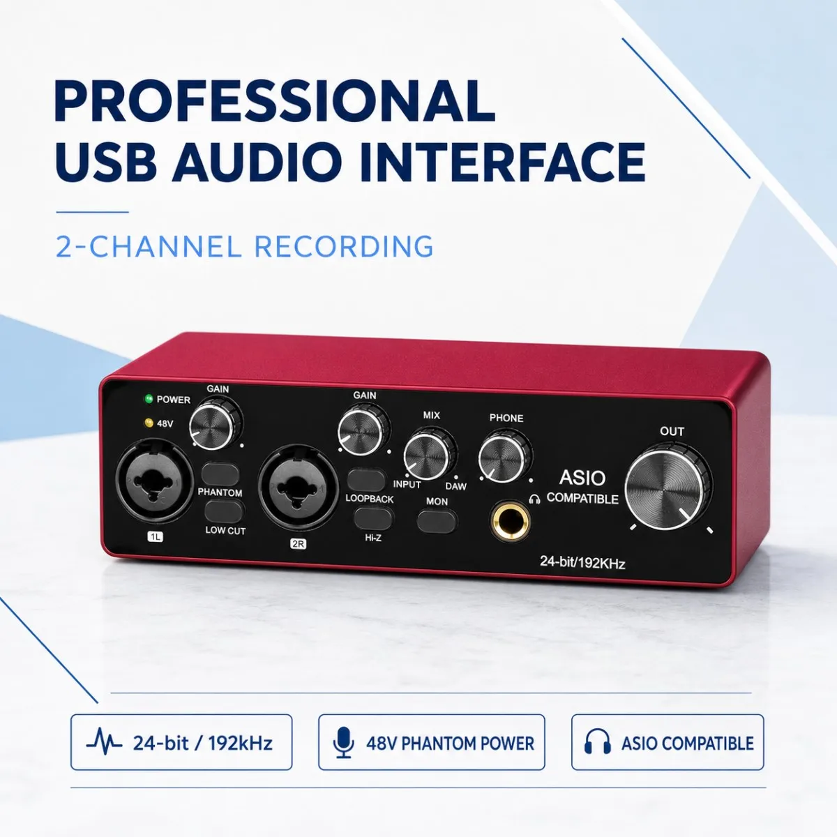 Image of MD-22 Professionelles 2-Kanal USB-Audio-Interface 24-Bit/192kHz Aufnahme-Soundkarte mit 48V Phantomspeisung ASIO-Treiber für PC Mac Heimstudio Podcast Streaming