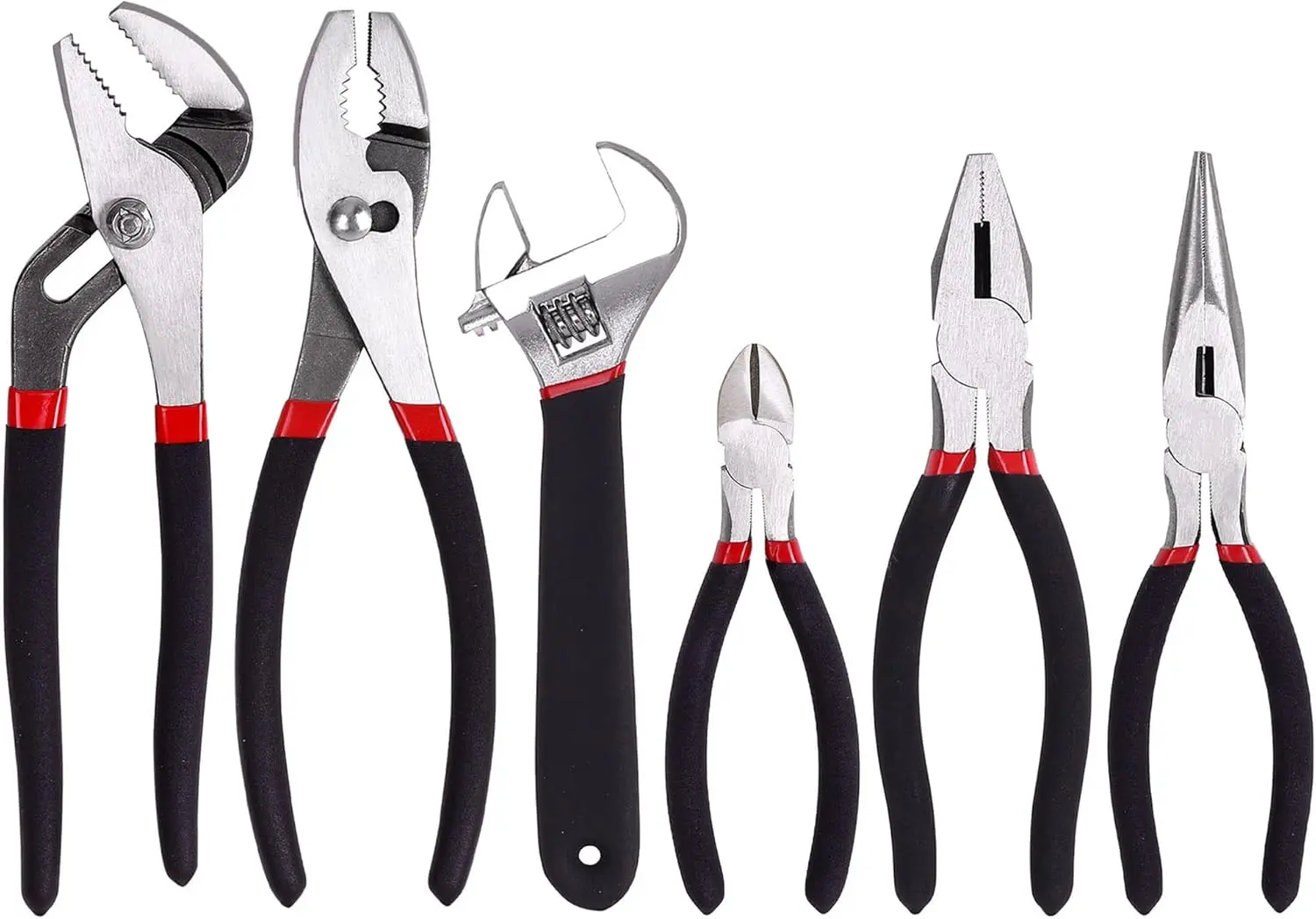 

6-Piece Pliers & Wrench Set: 10' Groove, Slip Joint, Linesman, Long Nose, Diagonal, Adjustable Wrench