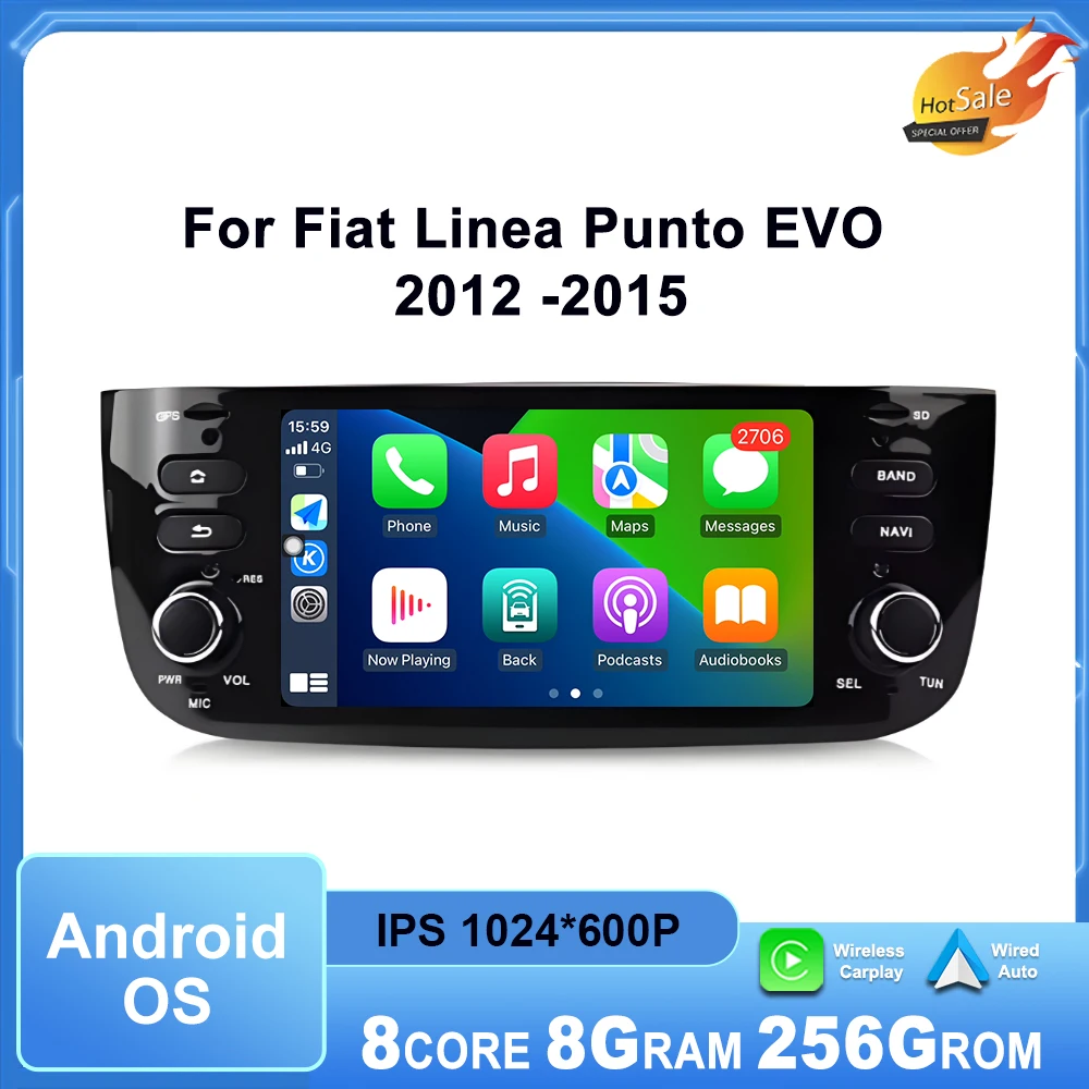 Car Radio Multimedia Player for Fiat Linea Punto EVO  2012 -2015 Android Auto Wireless CarPlay GPS Navi DSP Stereo WiFi BT 4G