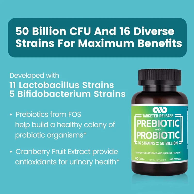 

Probiotics and prebiotic supplements -50 billion colony units -16 strains -60 vegetarian capsules