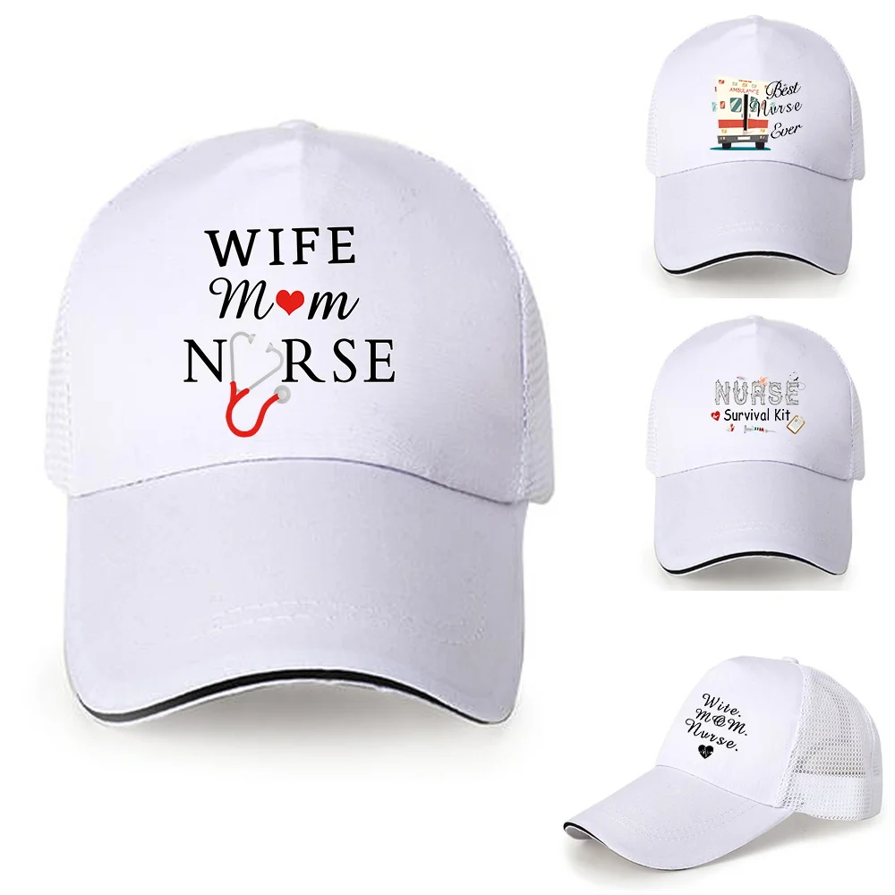 White Cap Nurse Print Baseball Cap Snapback Caps Casquette Hats Fitted Casual Hip Hop Dad Hats for Men Women Breathable Mesh Cap