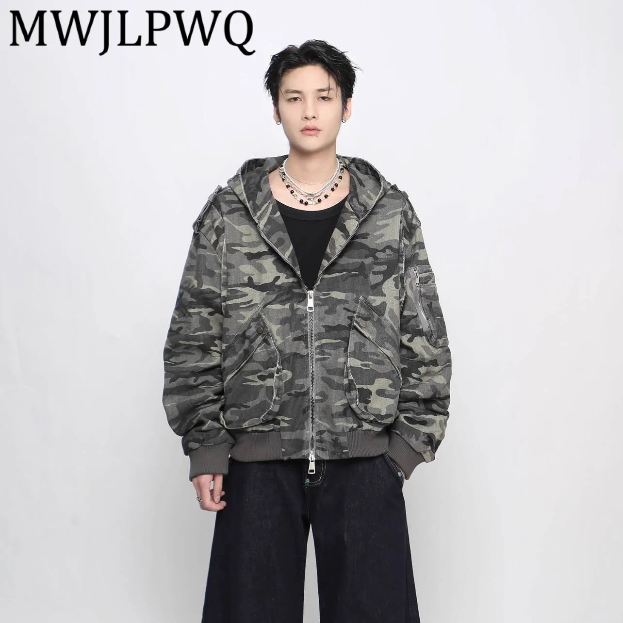 

MWJLPWQ Washed Vintage Camouflage Short Jacket Unisex Hooded American Workwear Niche Street Style Oversized Casual Coat 21175
