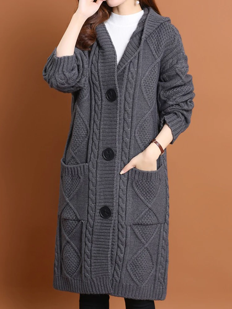 Hooded Sweater Cardigan Long Coats Womens Fall Winter Loose Thick Warm Knit Jackets Casual Single Breasted Knitwear Casaco New