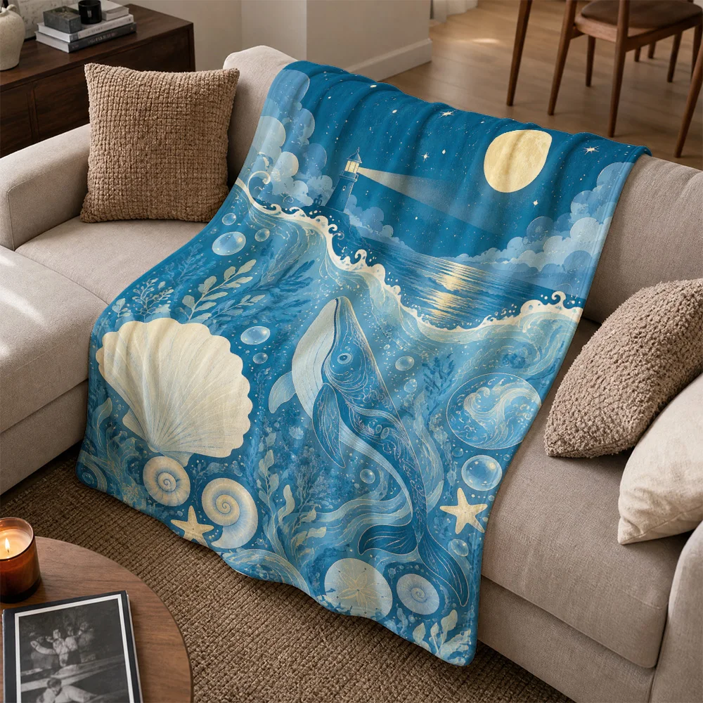 Deep Sea Mermaid Ocean Throw Blanket Sofa Cover Nautical Coastal Lighthouse Moonlight Seascape Decor Luxury Throw Pillow Home Gi