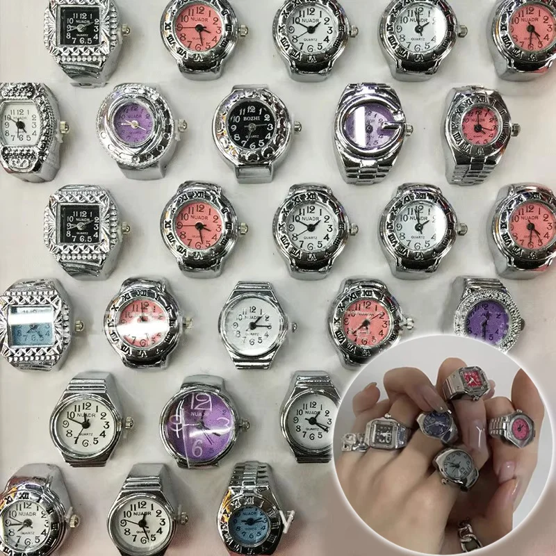 レトロパンク指時計ミニ弾性ストラップ合金腕時計カップルリングジュエリー時計レトロローマクォーツ時計リング女性男性