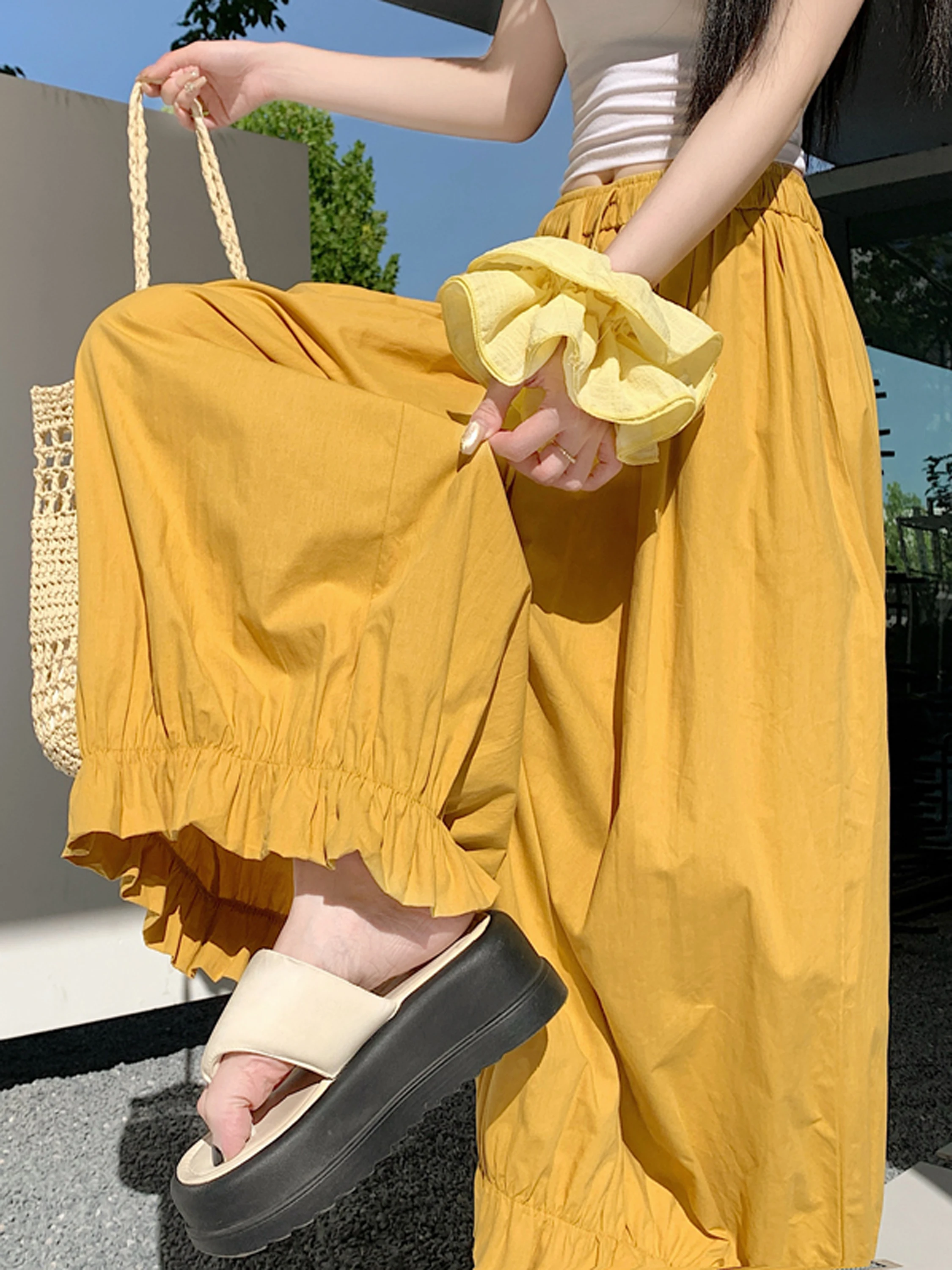 

Yellow Pleated Flower Bud Pants Women's Summer Thin Small Size High Waist Slimming Casual Loose Nine Lantern Pants