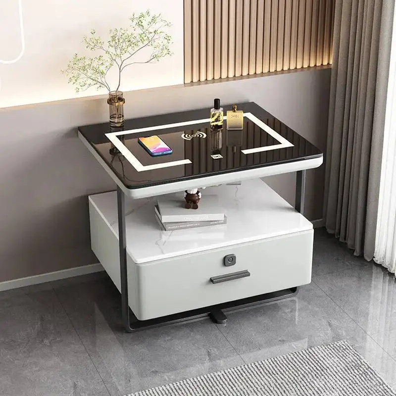 Luxury Modern Simple Rock Panel Smart Bedside Table Nightstands Bedroom Wireless Charging Locker Multifunction Furniture WKNS