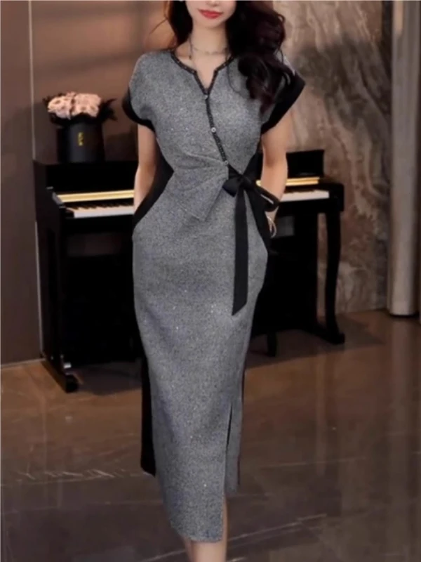 

Slimming Faion High Waist A-Line Dr Women's Summer Polyester Fiber ort Sve round Ne Color Casual Dr