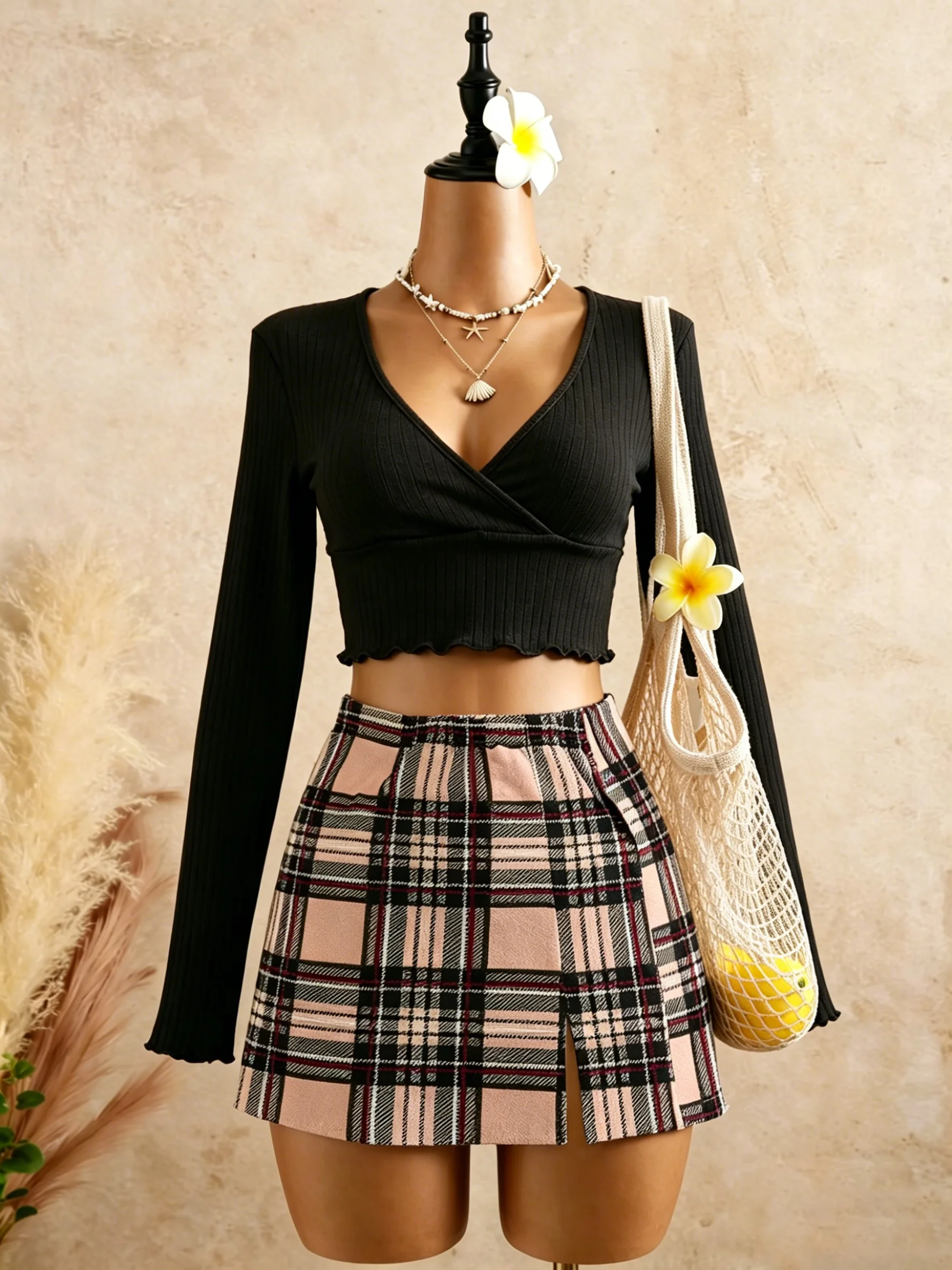 

Women Black Wrap V Neck Ruffle Hem Ribbed Long Sleeve Cropped Top & Pink Plaid High Waist Split Mini Skirt 2 Piece Outfit Slim F