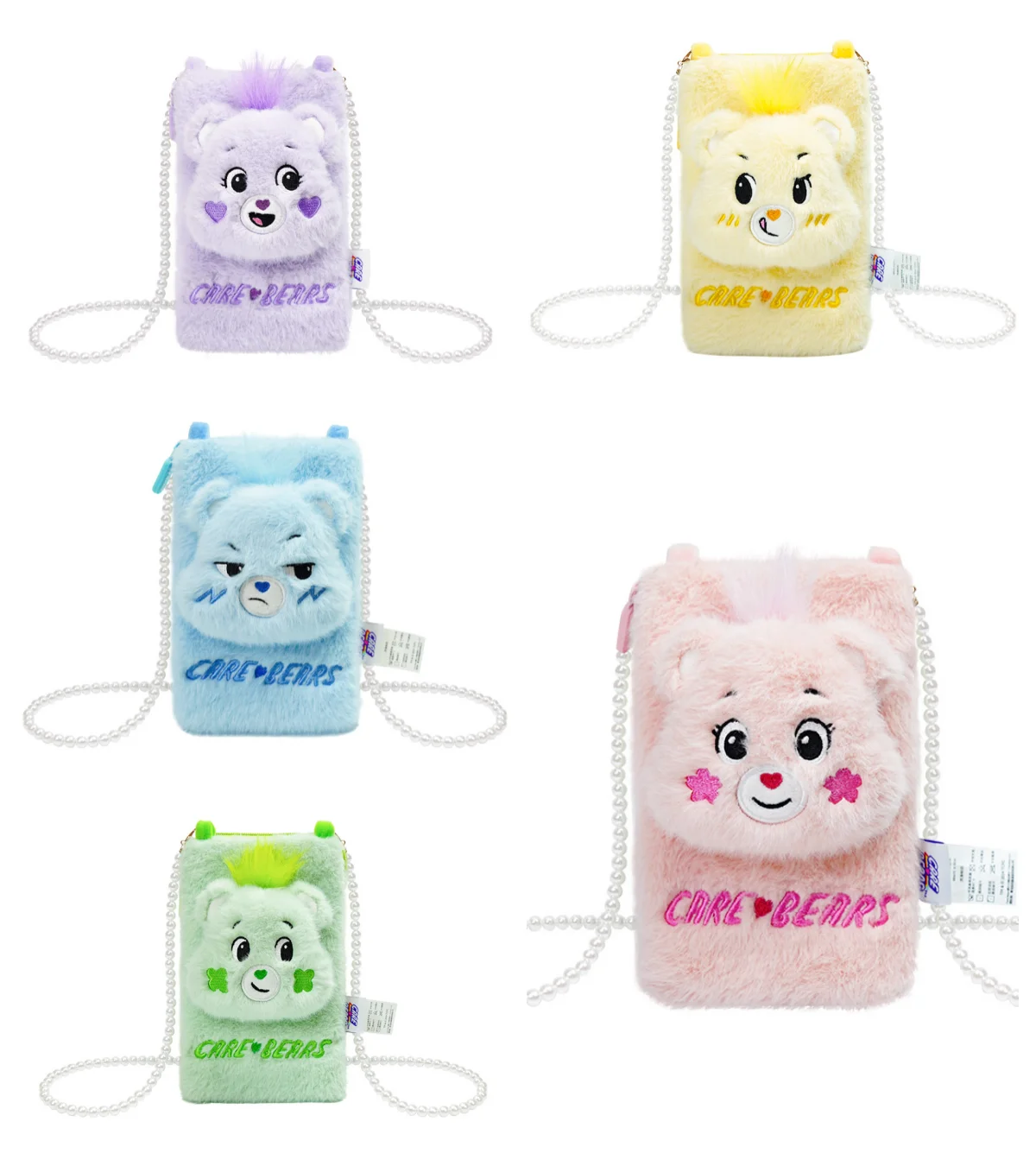 Care Bears Cartoon Plush Phone Bag Purse Kawaii Small Soft Shoulder Bag With Pearl Chain Girls Bear Plush Bags