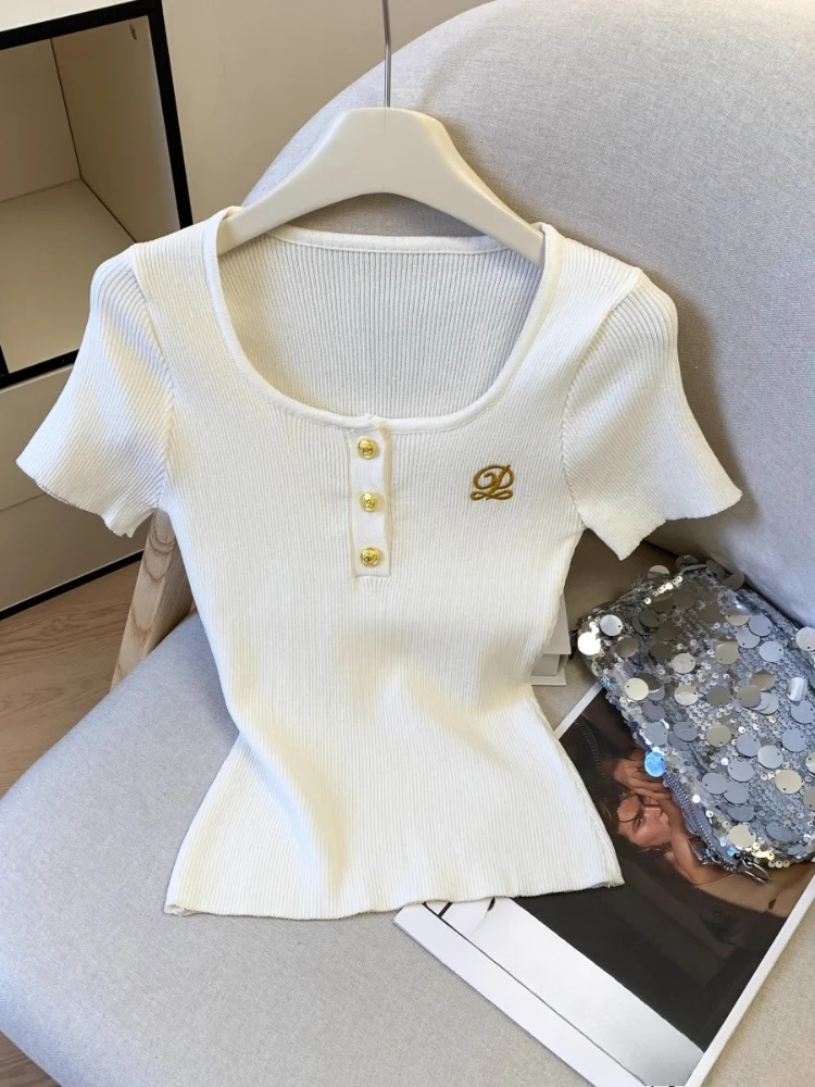 

Preppy Style Knit T Shirts Square Collar Short Sleeve Solid Color Crop Tops Summer Female Slim Tees All Match Women's Clothing