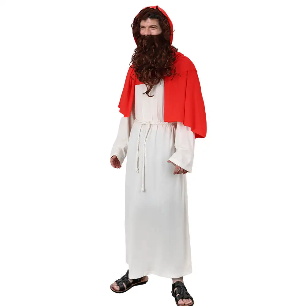 Men's Biblical Religious Jesus Saint Cosplay Robe Fancy Dress Shepherd Costume Red Shawl Wig Beard Waist Rope Takerlama