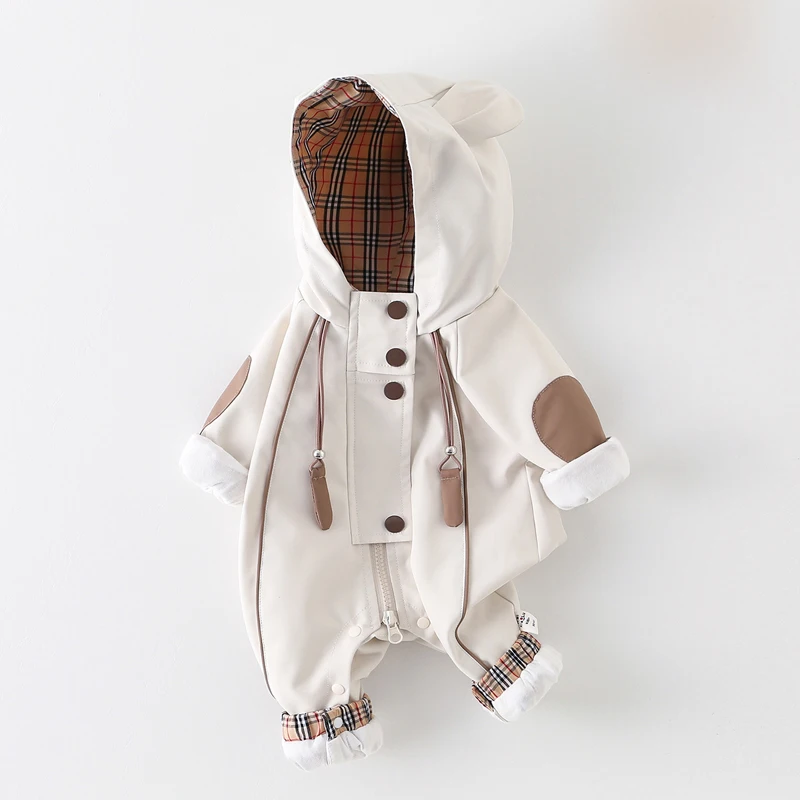 IYEAL Baby Bear Ear Hooded Romper, Plaid Lining Patchwork Zipper Infant Jumpsuit, Newborn Windproof One Piece Autumn Outfit