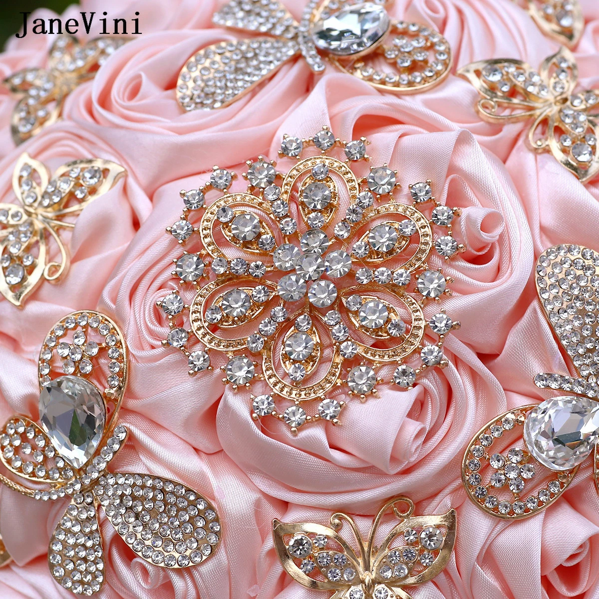 JaneVini Sparkly Rhinestones Jewelry Bridal Brooch Bouquets Artificial Satin Roses Bride Fake Flower Bouquet Wedding Accessories