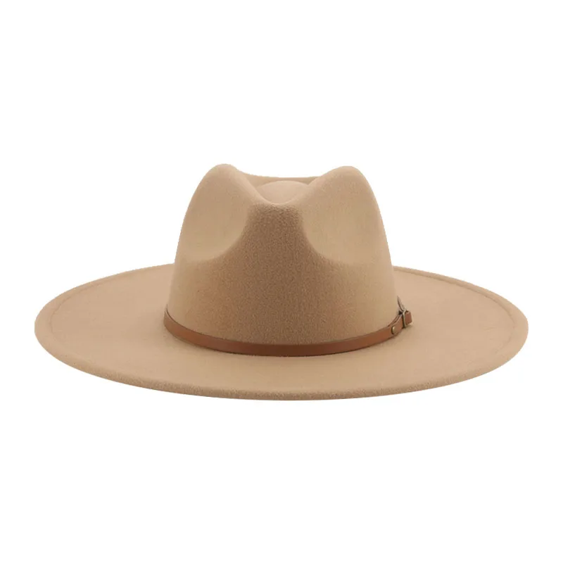 Women Hats Winter Big Brim 9.5cm Solid Band Belt Fedora Hat Khaki Black Outdoor Cowboy Jazz Caps Hats for Men Sombreros De Mujer