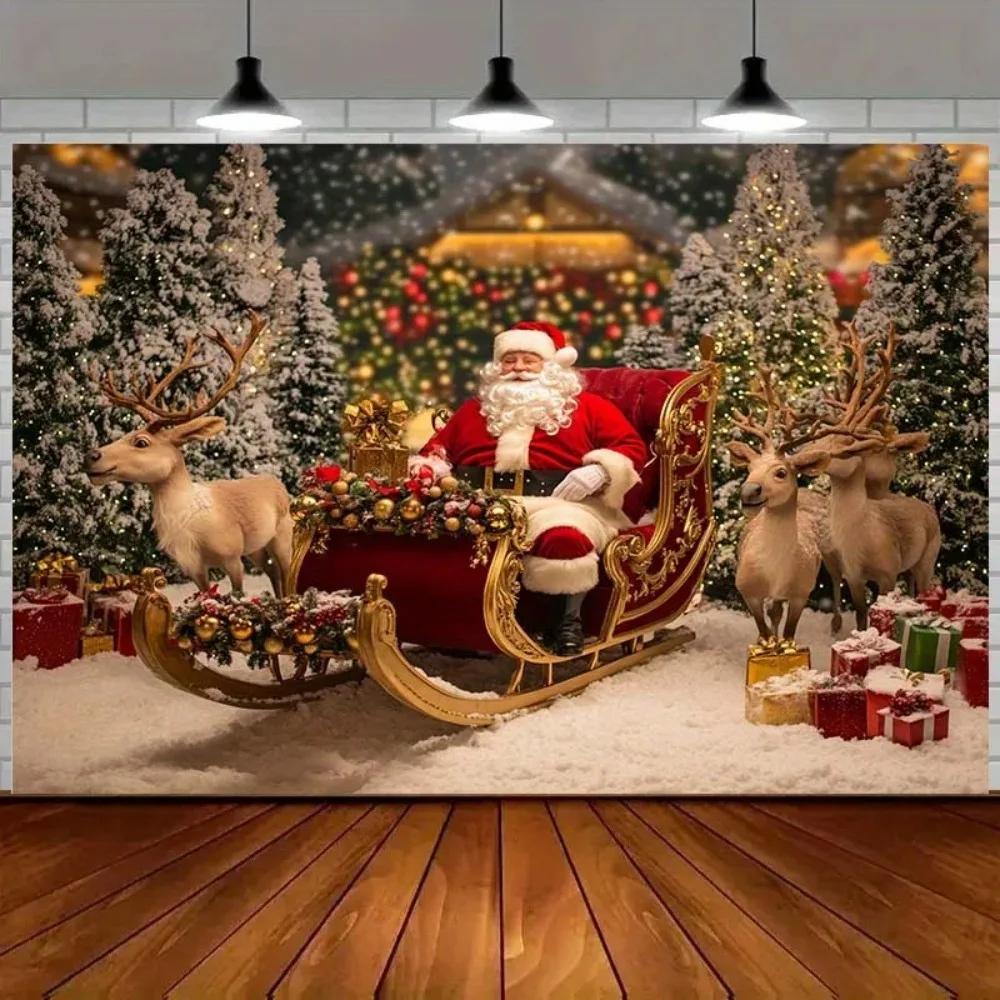 Winter Santa Claus Reindeer Sled Theme Horizontal Blessing Backdrop, Birthday Party, Home Decoration Photography Backdrop Cloth