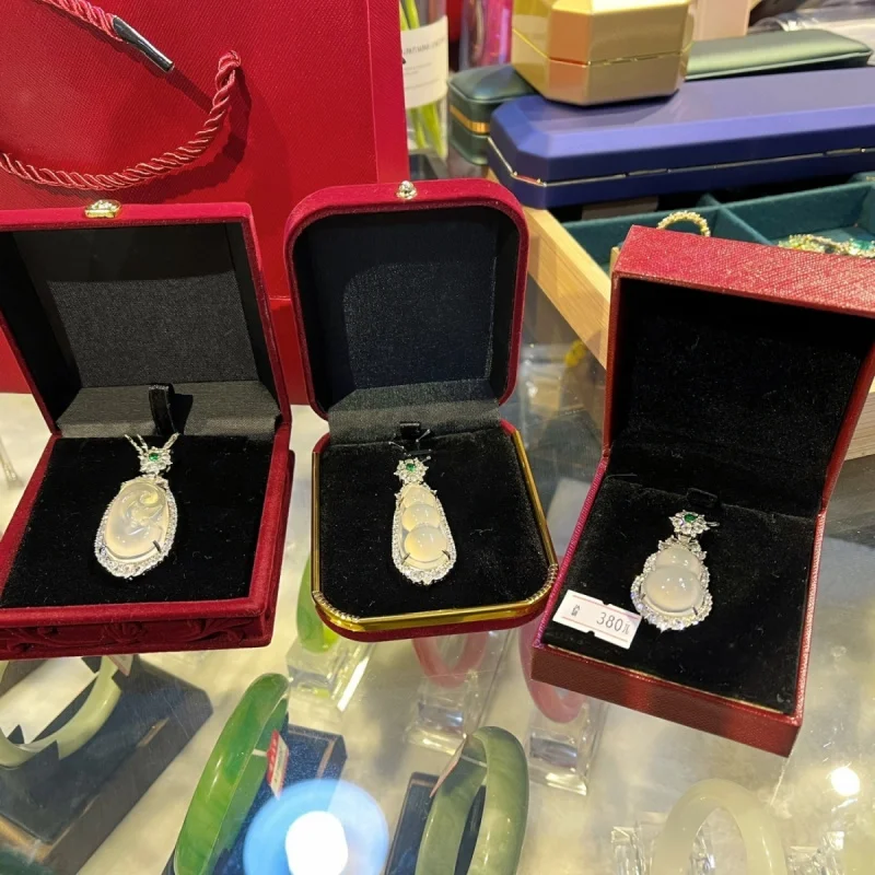 

925Silver Inlaid Natural White Jade Chalcedony Lucky Bean Gourd Ruyi Pendant Necklace Gift for Girlfriend