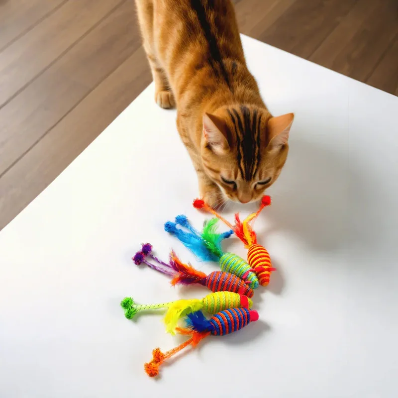 Colorful medium-thick nylon thread small mouse interactive toy with colorful feather tail, simulated mouse cat toy pet supplies
