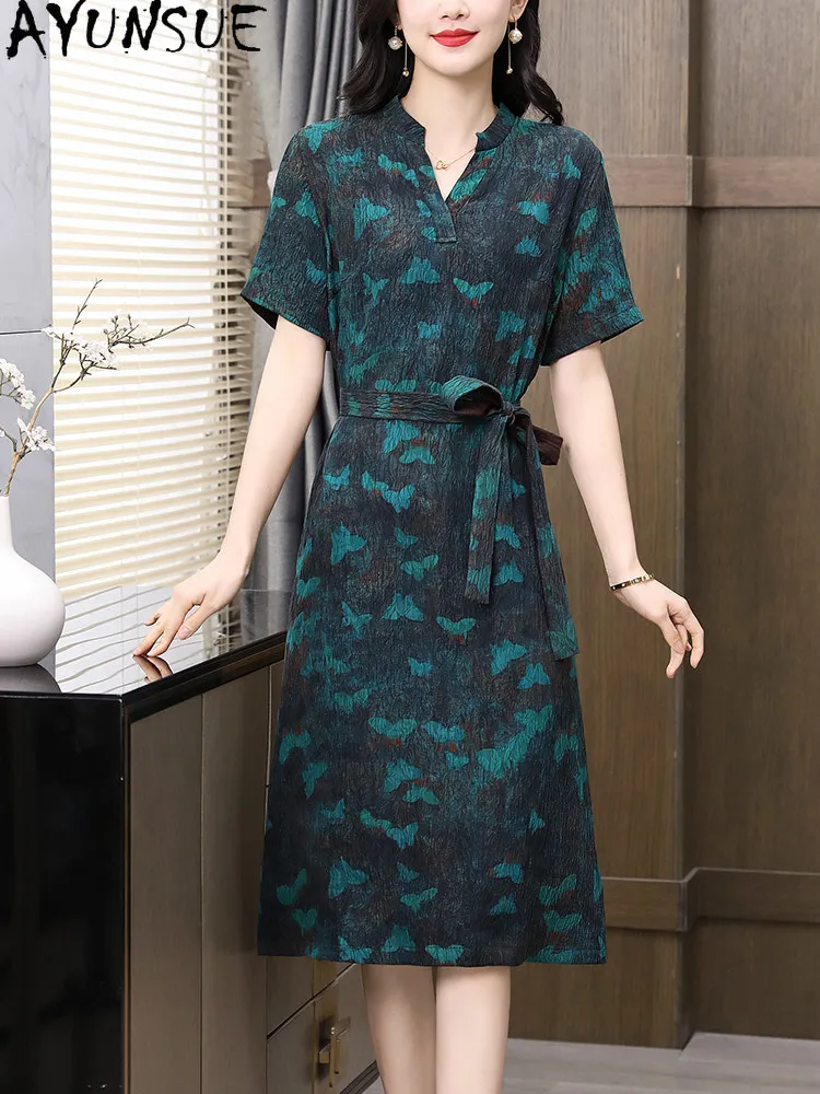 AYUNSUE 40MM 100% Mulberry Silk Party Dress Women Elegant Womens Dresses Print Summer Clothes Lace-up Gambiered Guangdong Gauze