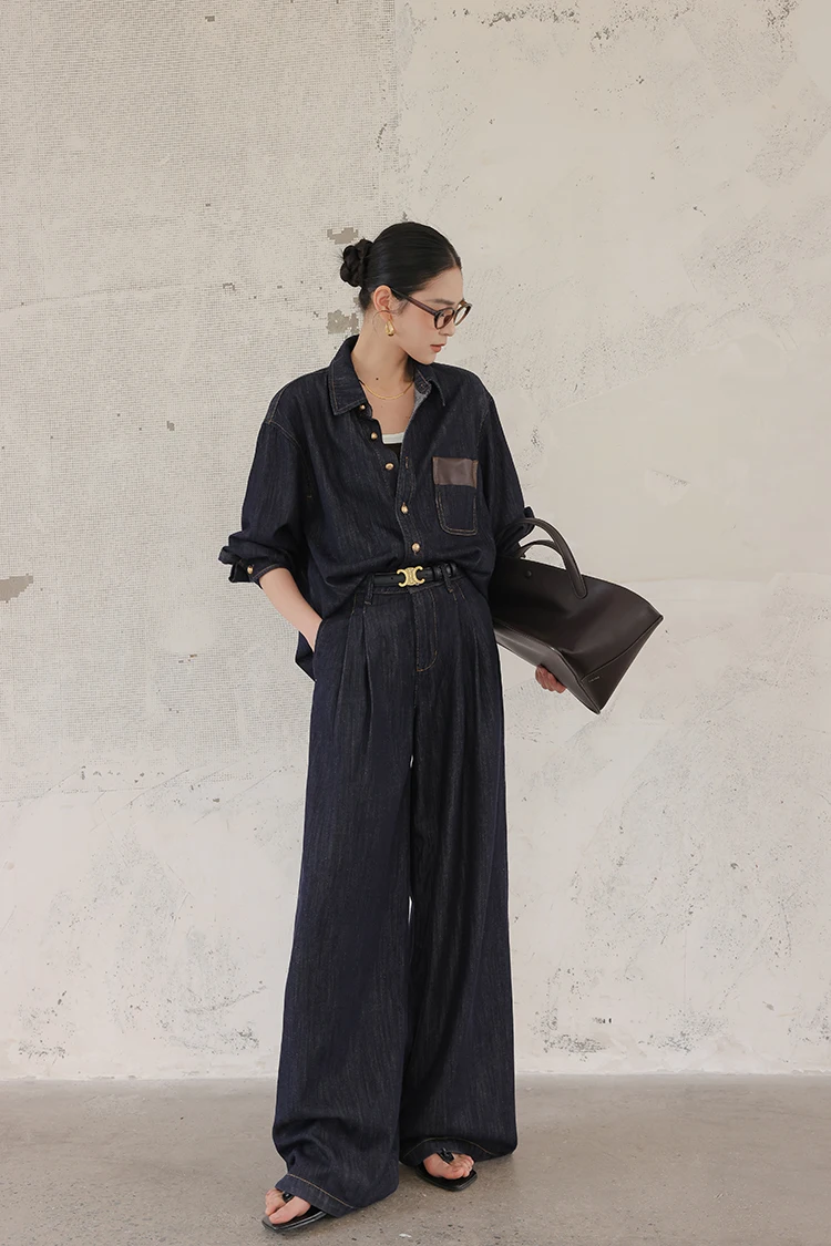 Original Color Denim Casual Set Spring Autumn Lazy Style Denim Shirt Wide Leg Pants Two Piece Set Women's Fashion