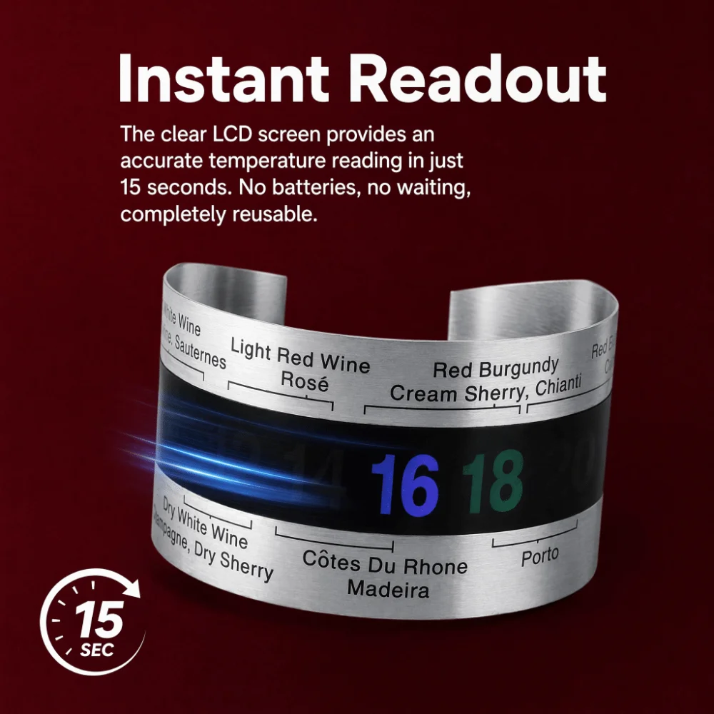Stainless Steel Wine Thermometer LCD Display Bracelet Design Bottle Thermometer Easy to Use Durable Wine Temperature Bracelet