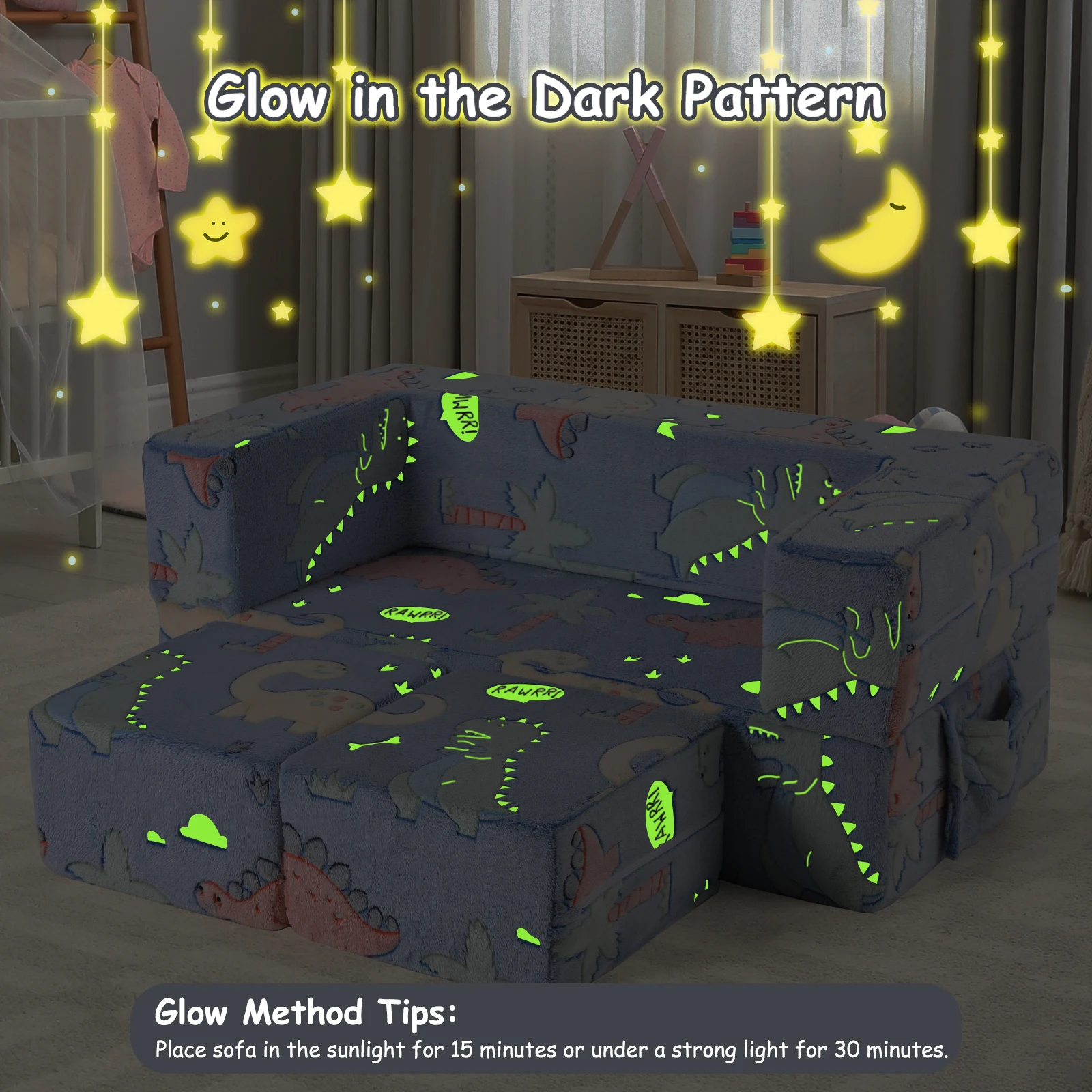 Kids Sofa Couch, Modular Toddler Couch Dinosaur Glow in Dark, Fold Out Play Plush Foam Chair w/ 2 Ottomans 1 Side Pocket