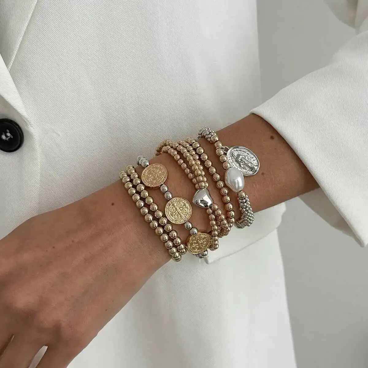 SHIXIN 6Pcs/Set Vintage Gold Color Acrylic Beaded Bracelet Women Fashion Stackable Statue Coins Pendant Bracelet Jewelry Gifts