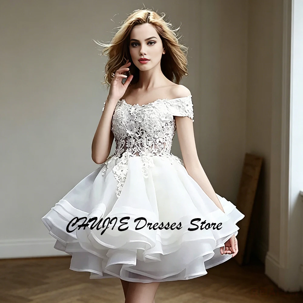 White Lace Applique Short Bridal Gowns Vintage Off Shoulder A Line Pleat Wedding Dresses Customized Bride Dress Vestido de novia