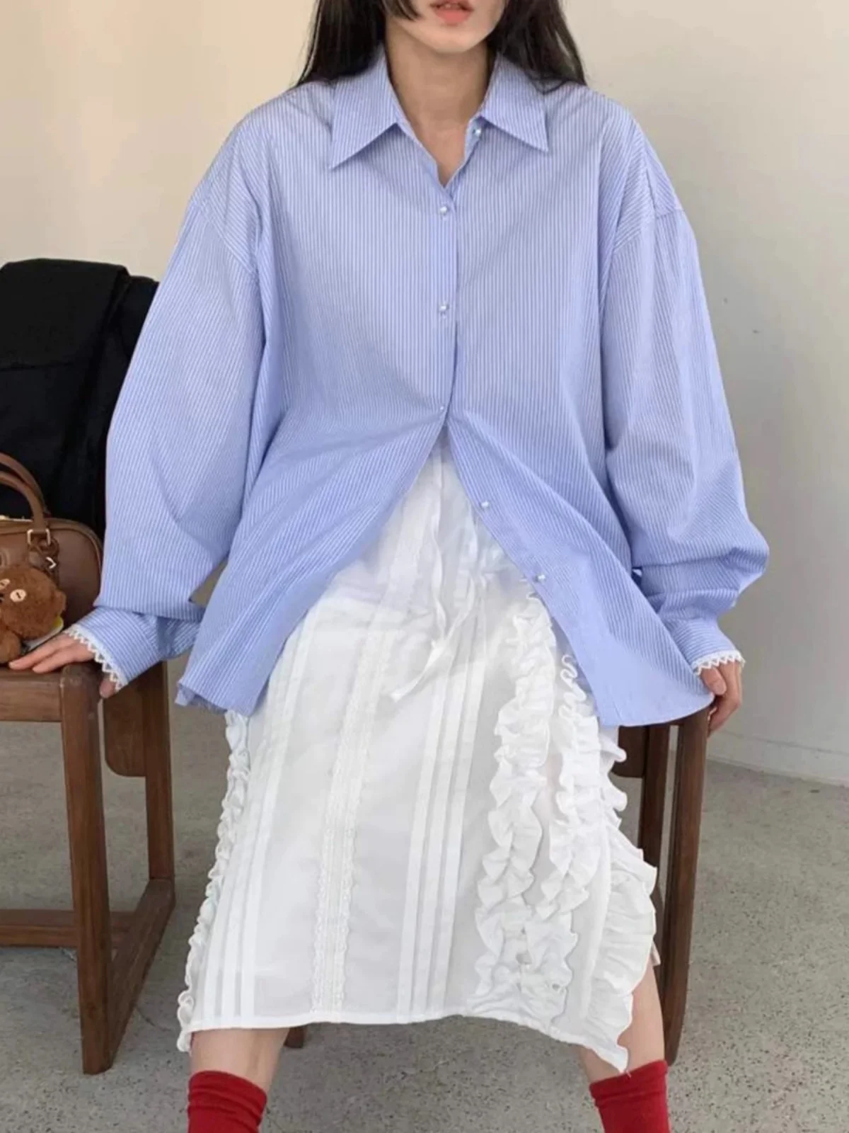 Falda Midi Versátil con Borde de ano de Ma, Estilo Coreano, Csa a Rayas Hoada, Estilo Informal, Falda en Línea A p...
