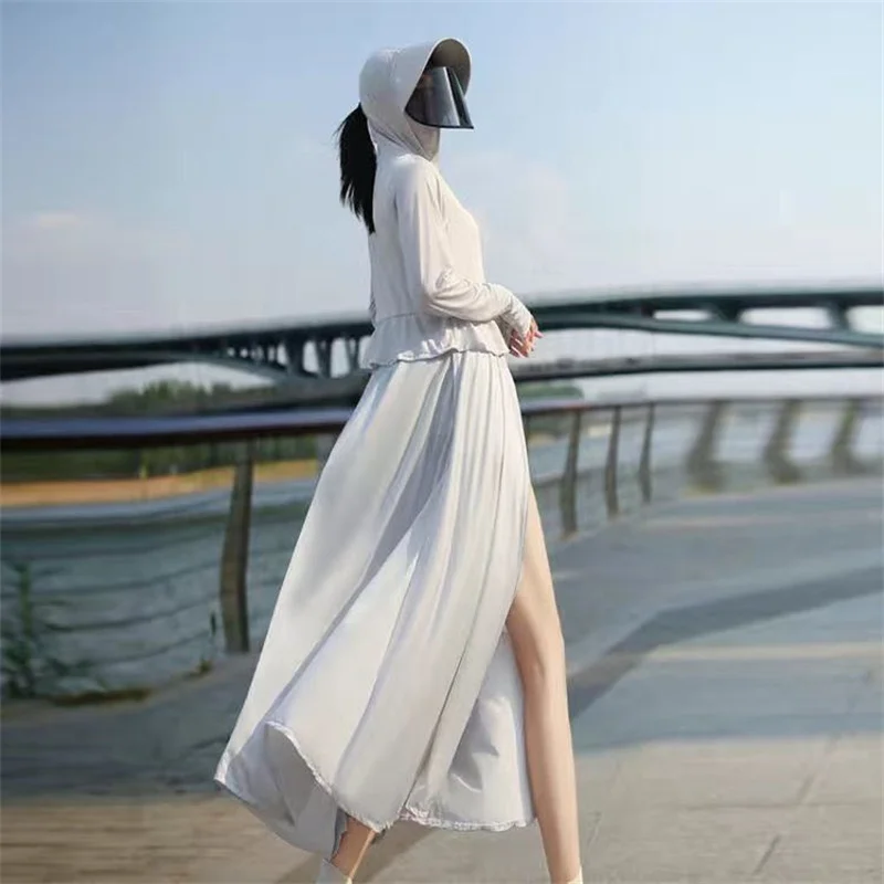 

Solid Color Female Summer Ultraviolet-proof Sunscreen Clothing Coat Women Detachable Loose Ruffle Edge Hooded Sunscreen Suit Top