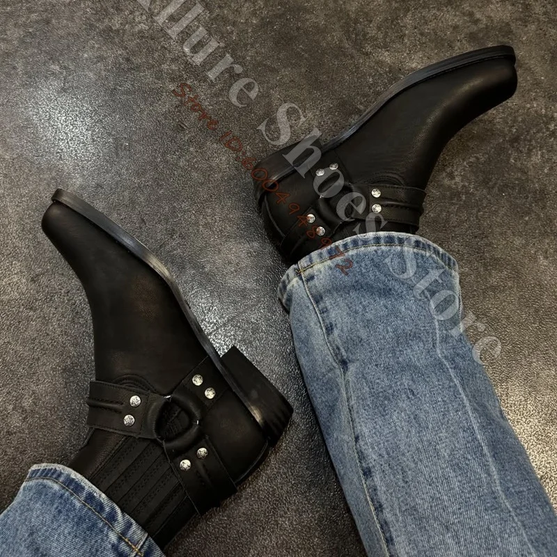 Retro Biker Cowboy Style Men Ankle Boots Black Smooth Leather Square Toe Harness Belt Silver Rivet Low Heel Western Boots - view 4