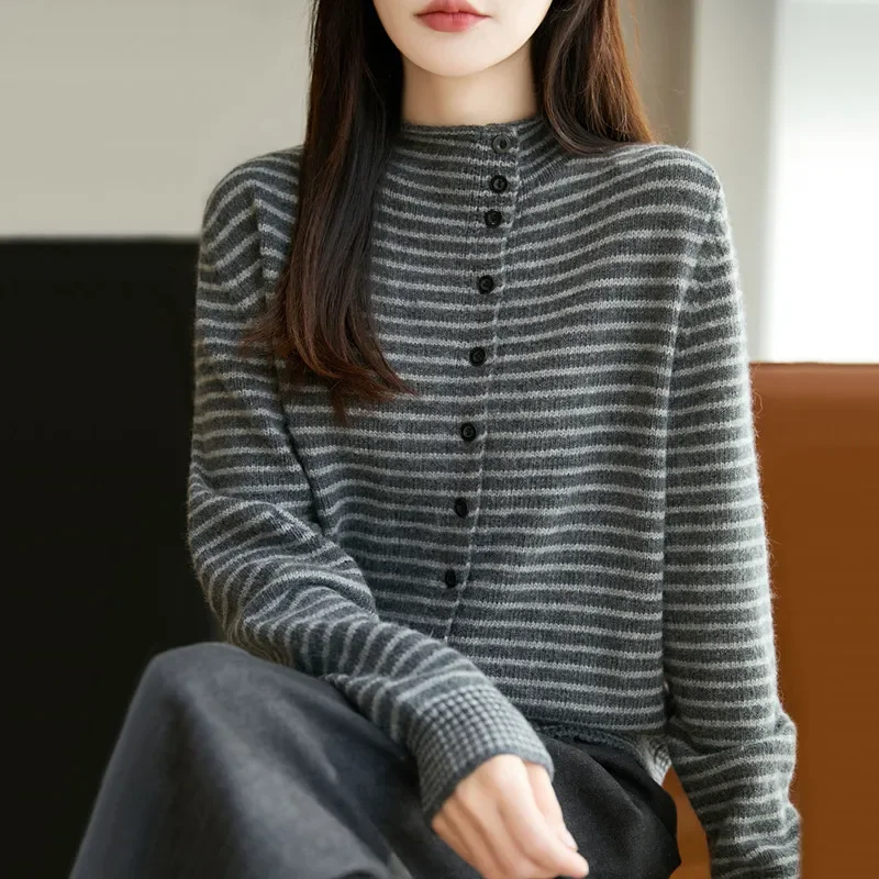 Spring Wool Sweater Outwear Gradient Mock Collar Cardigan Autumn Winter Bottoming Casual Warm Striped Knitting Tops Women