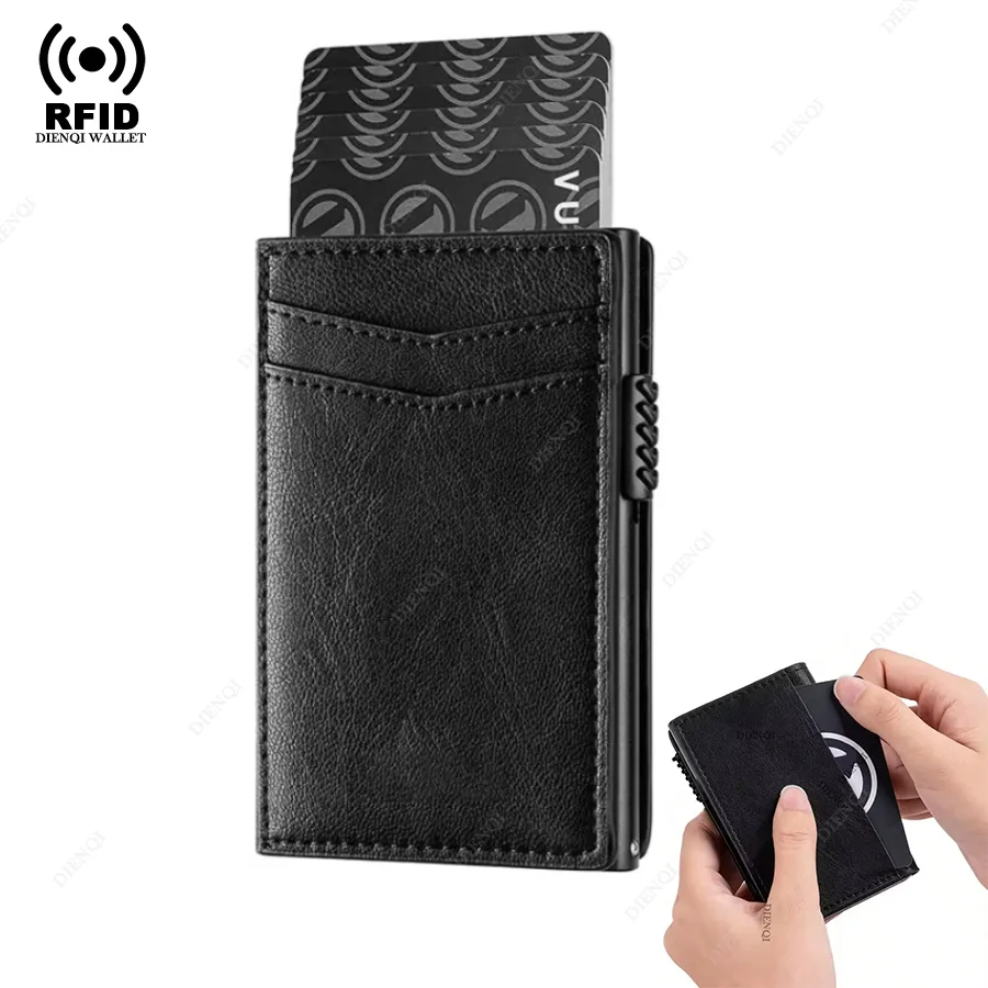 Automatic Pop Up Rfid Wallet PU Leather Credit Card Holder Black Slim Bank Credit Cardholder Metal Case Bifold Wallets for Men