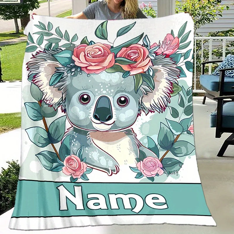 Custom name cartoon koala flannel blanket, suitable for sofa, bed, birthdays, children, friends, gifts