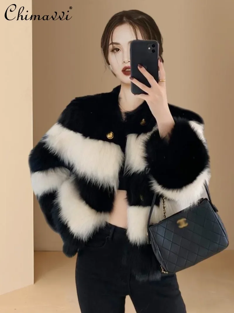 2024 Autumn and Winter European New Fur Integrated Popular Striped Color Matching Fur Imitation Rabbit Hair Short Coat For Women