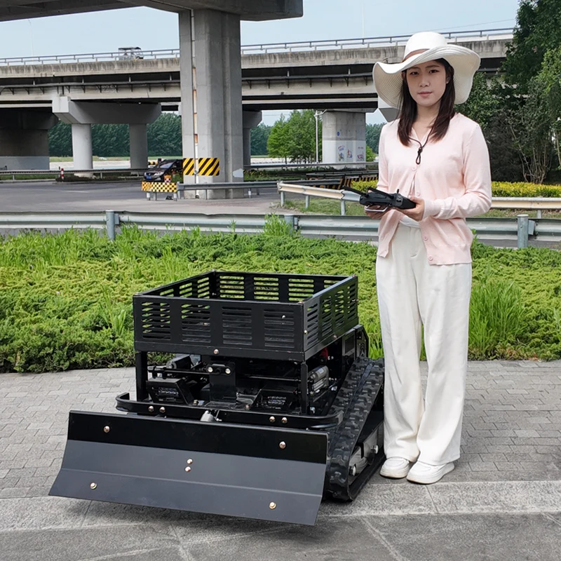 

Customized Remote Control Tracked Lawn Mower with Storage Rack & Snow Plow, Screen Display for Real-time Monitoring