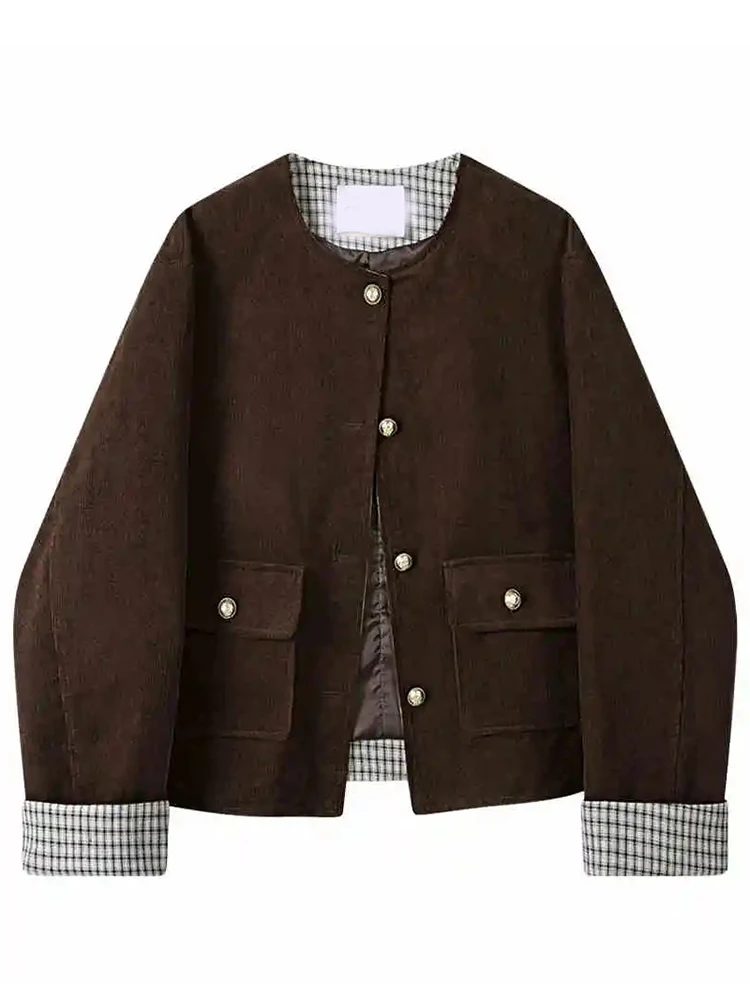 

Zoki винтажная женская вельветовая куртка повседневная с длинным рукавом осень-зима с круглым вырезом короткое пальто уличная одежда ретро тонкие клетчатые лоскутные топы