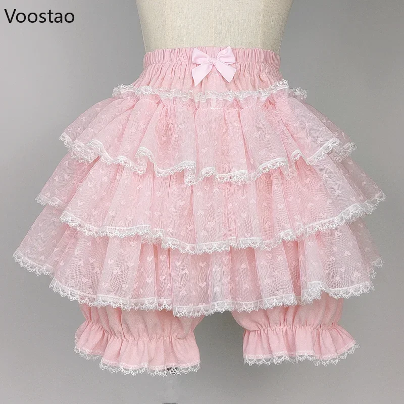 Sweet Lolita veiligheidsshorts roze meisjes Kawaii kant mesh ruches ondergoed Japanse Harajuku gotische boog elastische taille JK bloeiers