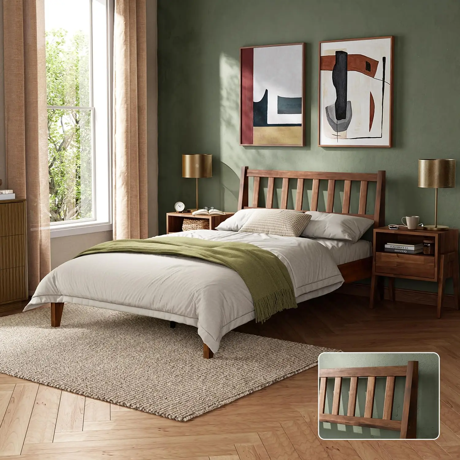 i*-Mid Century Wood Platform Bed Frame with Headboard Slats Metal Support No Box Spring Full Customized