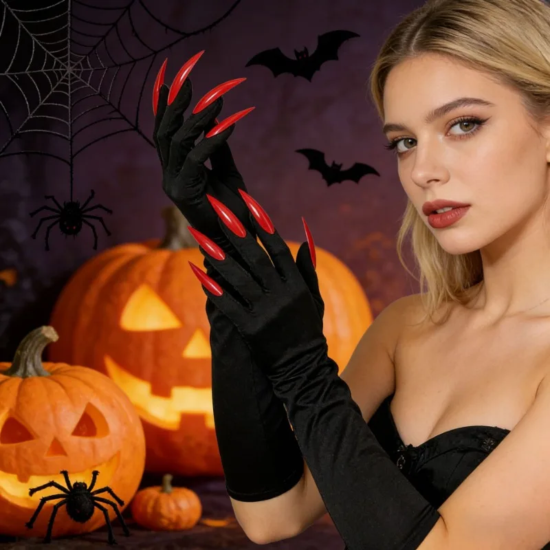 Women Scary Long Claw Nail Elastic Mittens Black Devil Ghost Claws Gloves Halloween Party Cosplay Performance CostumeAccessories