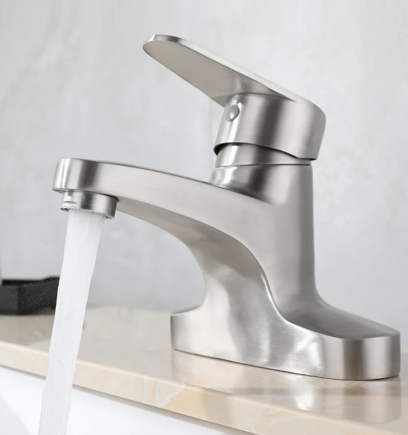 304 Stainless Steel Brushed Bathroom Faucet Basin Sink Taps Single Lever Double Hole Cold and Hot Water Mixer Tap Deck Mounted