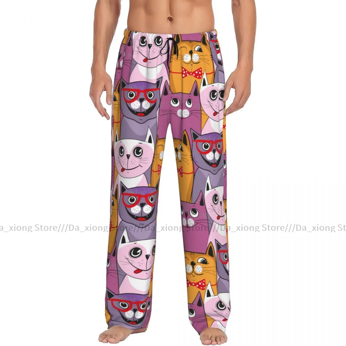 Mens Casual Pajama Long Pant Loose Elastic Waistband Colorful Cute Cats Cozy Sleepwear Home Lounge Pants