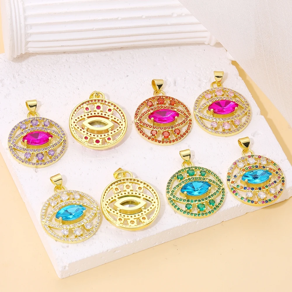 Juya 18K vergoldete Luxus-Anhänger mit Regenbogen-Zirkonia, Stern, Libelle, Baum des Lebens, Biene, Liebesherz, rundem griechischem Bösen-Auge-Charm – Detail 30