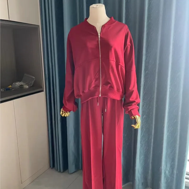 Vrouwen Sweatsuit Set Vintage O-hals Rits Bomberjacks Hoge Taille Losse Broek Pak Vrouwelijke 2025, Lente Mode Dame Sportkleding