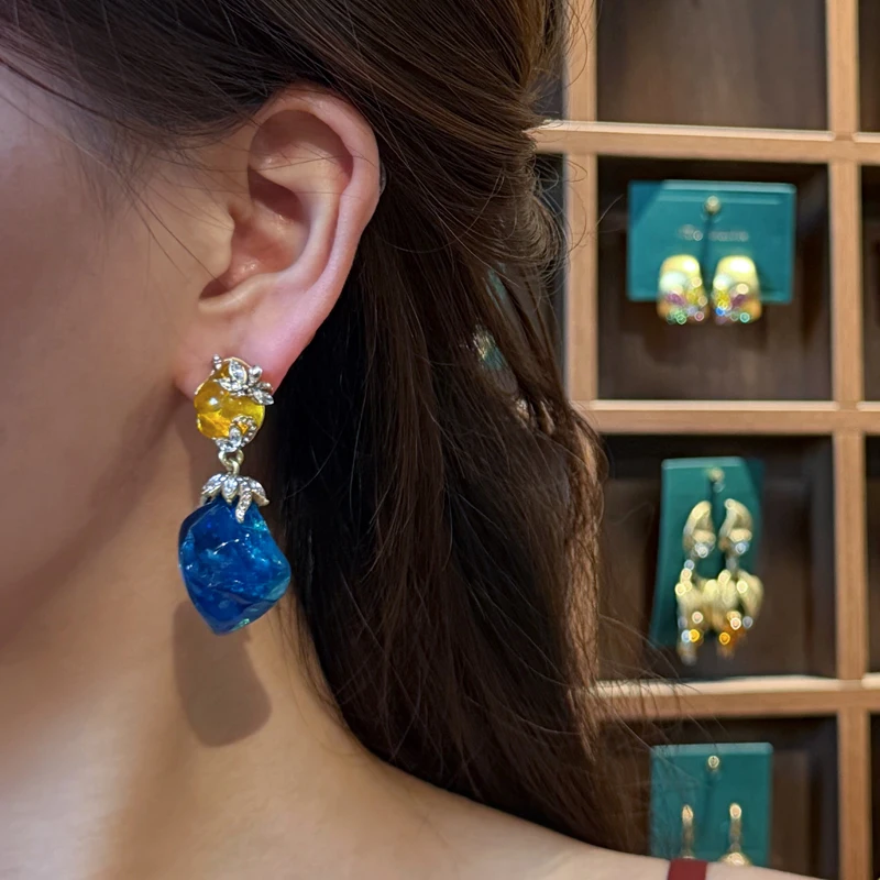 

Vintage Blue Yellow Natural Stone Luxury Opal Earrings For Women Gold Color Rhinestone Accessories Designer Inspired Jewelry New