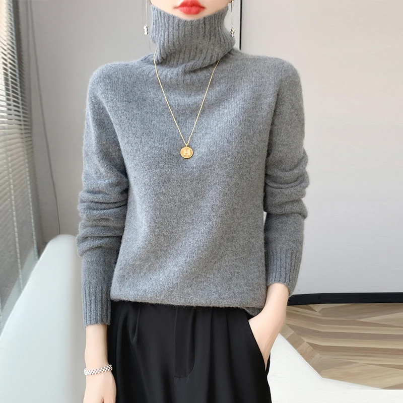 

100% Merino wool cashmere women's sweater high neck long sleeve pullover winter padded pullover